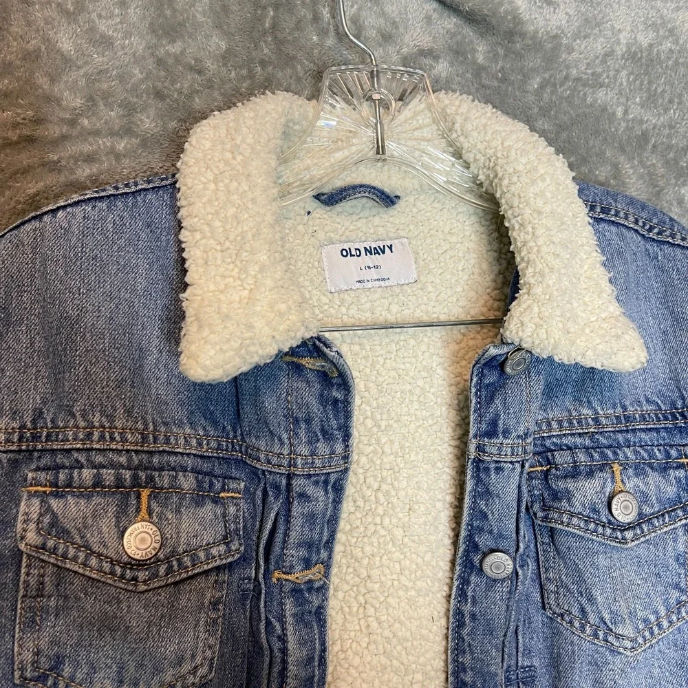 Old Navy Girls 90s Sherpa Lined Jean Trucker Cropped Blue Denim Jacket L 10/12